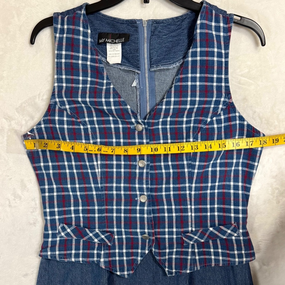 Vintage 90s Plaid Denim Midi Vest Dress Size S Jumper Cottage Teacher Ivy Preppy - Picture 10 of 15